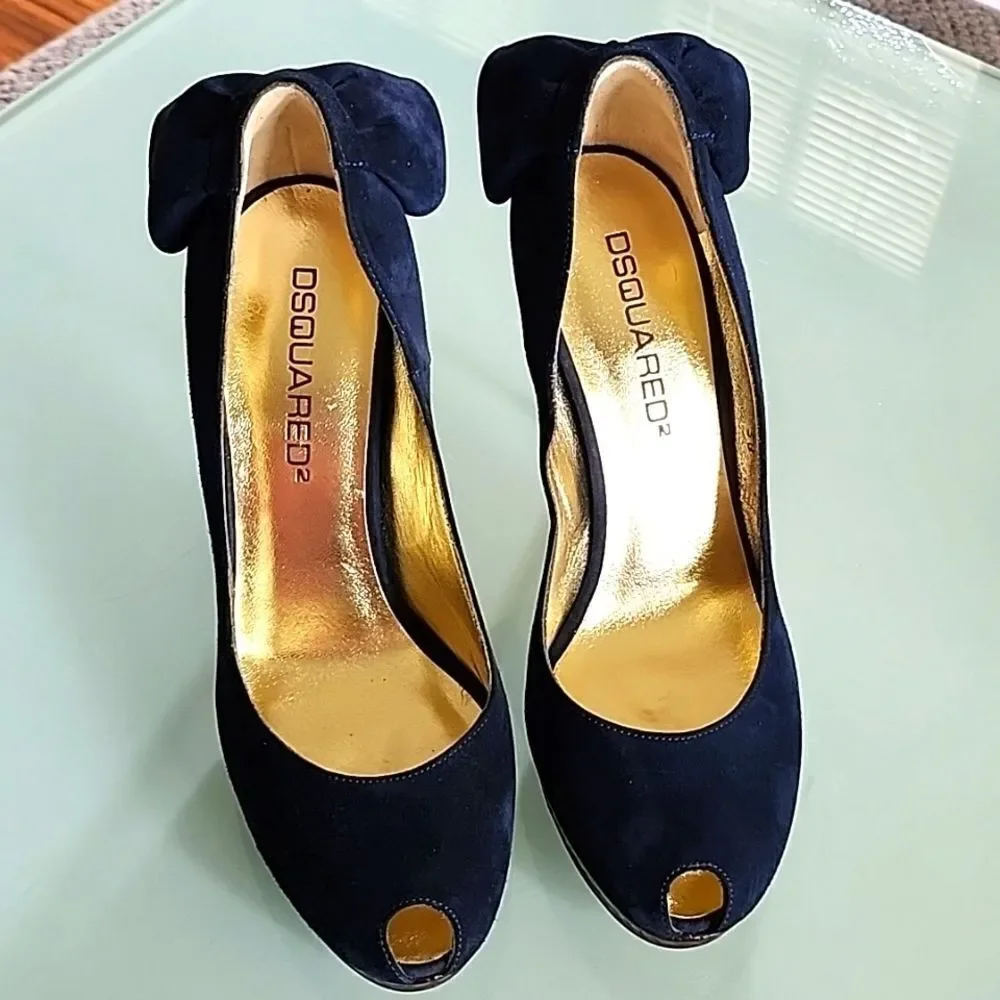 DSQUARED2 New Blue‎ Velvet Peep Toe Textured Gold Stiletto Heels Size 7.5